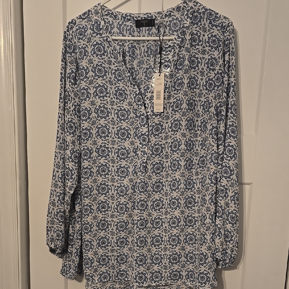 Tahari White and Blue Buttoned Tunic with Mandarin Collar
